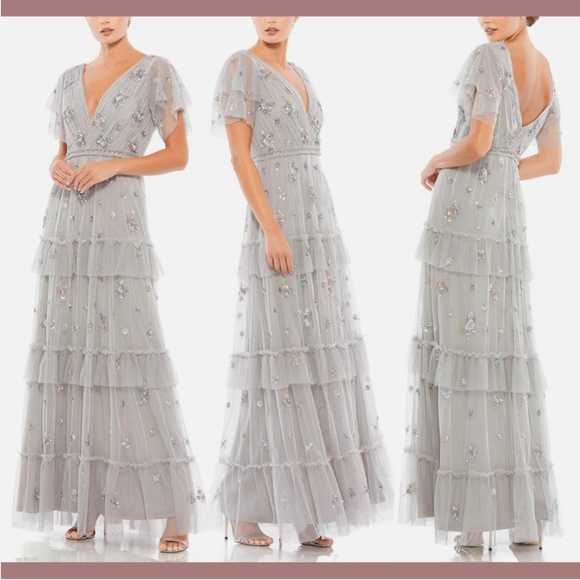 NWT $598 Mac Duggal [ 6 ] Ruffle Tiered Embellished Flutter Sleeve Gown‎ Grey - Picture 2 of 15